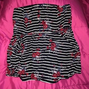 Navy Blue Floral and Striped Print Top